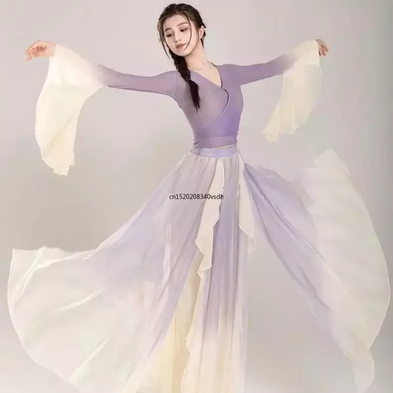 Disfraz de danza clásica, traje púrpura de Hada, vestido de práctica diaria, gasa suelta que fluye, Ropa de baile china para actuaciones en escenario