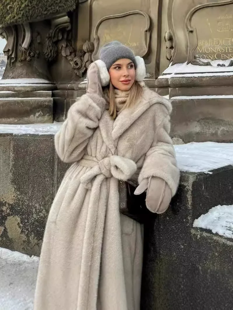 Luxe Lange Nertsenjas Damesmode Capuchon Gordel Pluizige Nepbont Jas Vrouw Kleding Dames Jassen Jassen Winterjas Dames