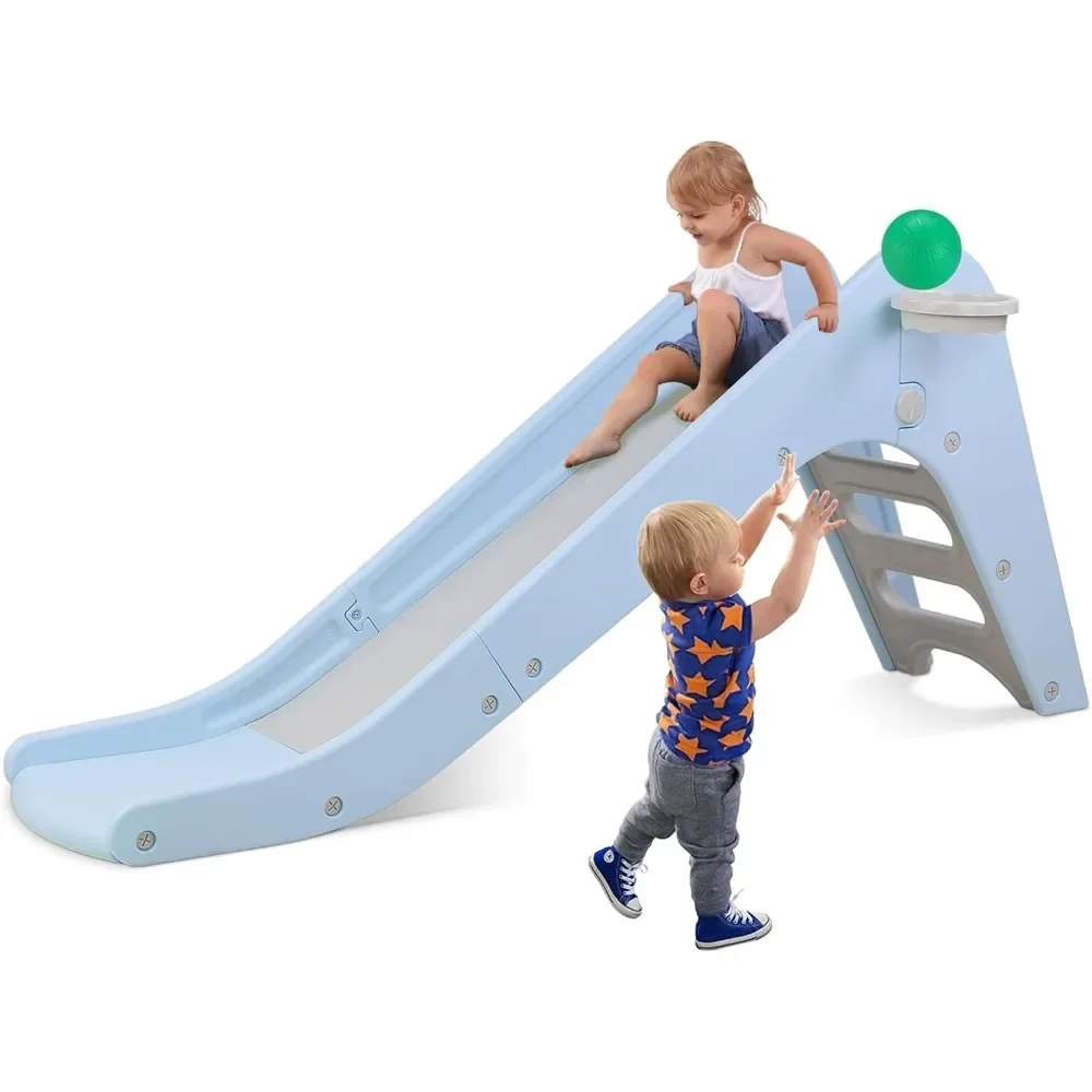 

Freestanding Kids Slide, Toddler Slide Climber with Basketball Hoop & Ball,w/Long Slope,Sturdy Playground Toy for Indoor Outdoor