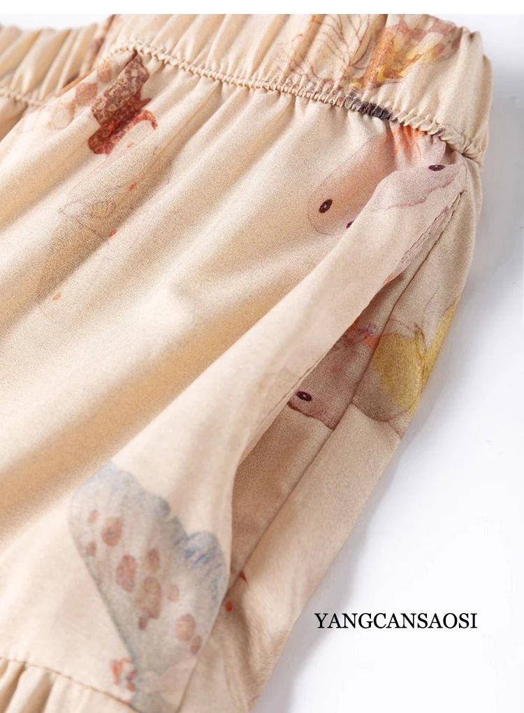 2.7-meter Large Hem 70% Natural Mulberry Silk 30% Cotton A-line Women's Casual Elastic Waist Printed Beach Skirt