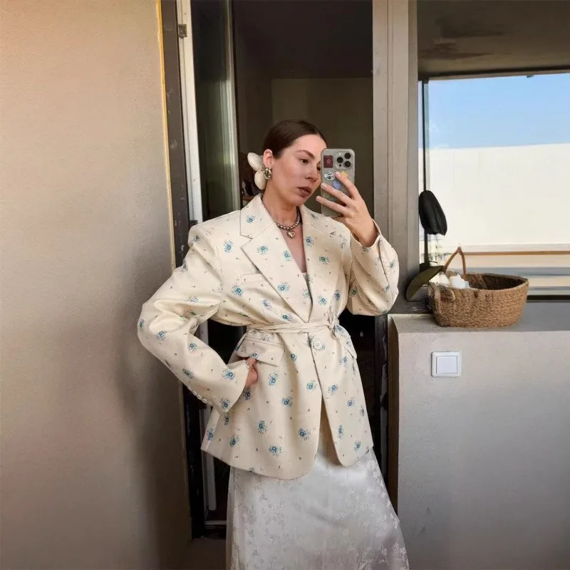 

Элегантная женская куртка с двухцветным принтом и поясом для похудения с лацканами и длинными рукавами, подплечником, пальто, женский пиджак на одной пуговице на шнуровке