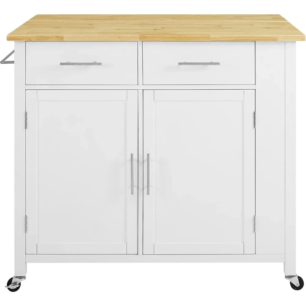 Wood Top Drop Leaf Rolling Kitchen Island Cart with Spice Rack and Shelves - Elegant White Design