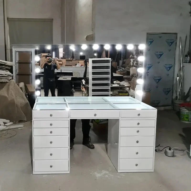 Foreign beauty salon dressing table with LED lamp stand, single-sided wooden hair salon dressing mirror table