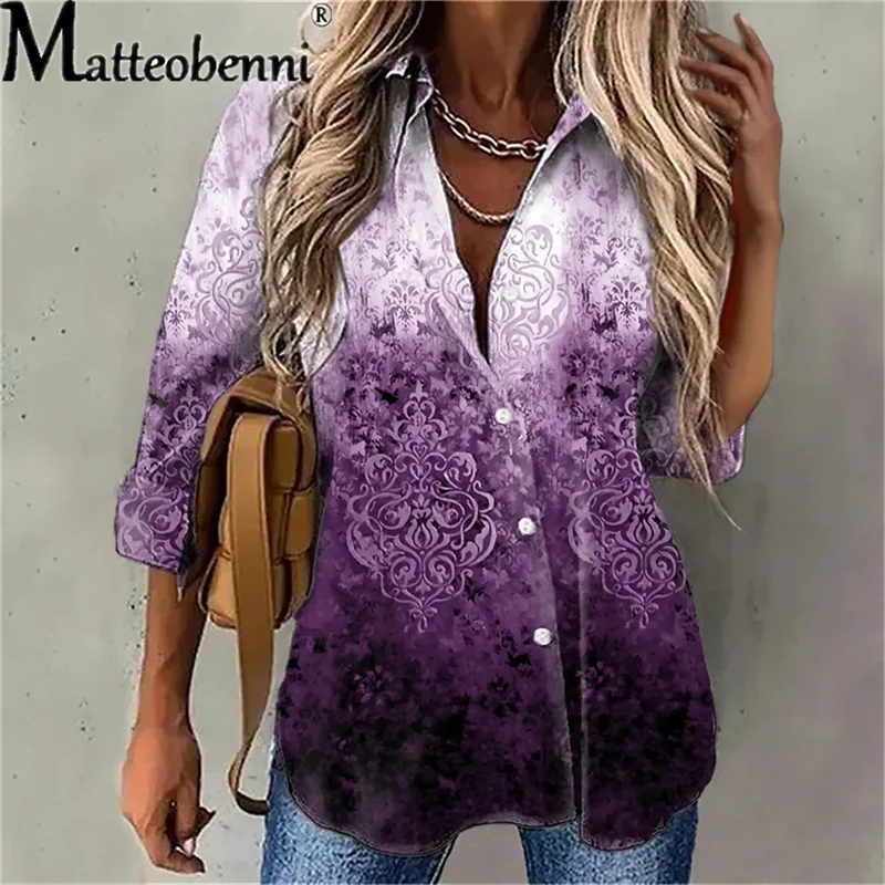 

Women Retro Tie Dye Print Buttons Blouse Shirt Autumn Long Sleeve Turn-Down Collar Ladies Tops Streetwear Casual Loose Shirts