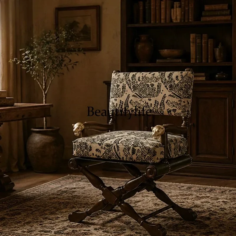 F181 American retro solid wood dining chair armrest light luxury back chair printed fabric single chair