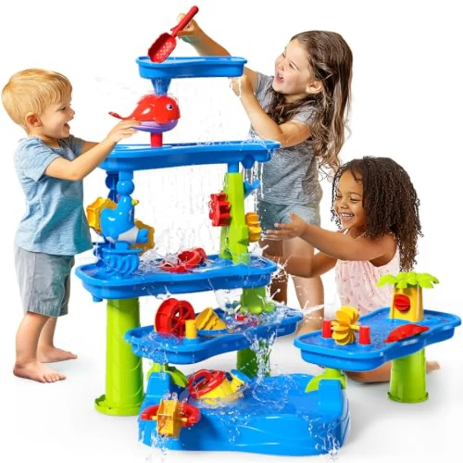 Outdoor Sensory Water Table for Toddlers 3-5, Plastic Blue with Fishing Game Set, 5-Tier Summer Beach Activity Toy for Ages 4-8