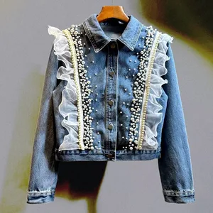 Jacke-Jeans mit kurzen Ausnahmen für Frauen, schwere Arbeiten, Spitzennähten, hellblau, Revers, Einzelbrust, Langarmjacke, Frühling Jeans Jacke 8 Hauptverkäufe Frauen hellblauer Mantel - №8