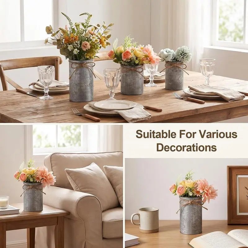 2/3Pack Farmhouse Vase Decor with Twine Bow, 3 Sizes Galvanized Metal Vases Rustic Metal Bucket Vase for Home Tabletop Decoratio