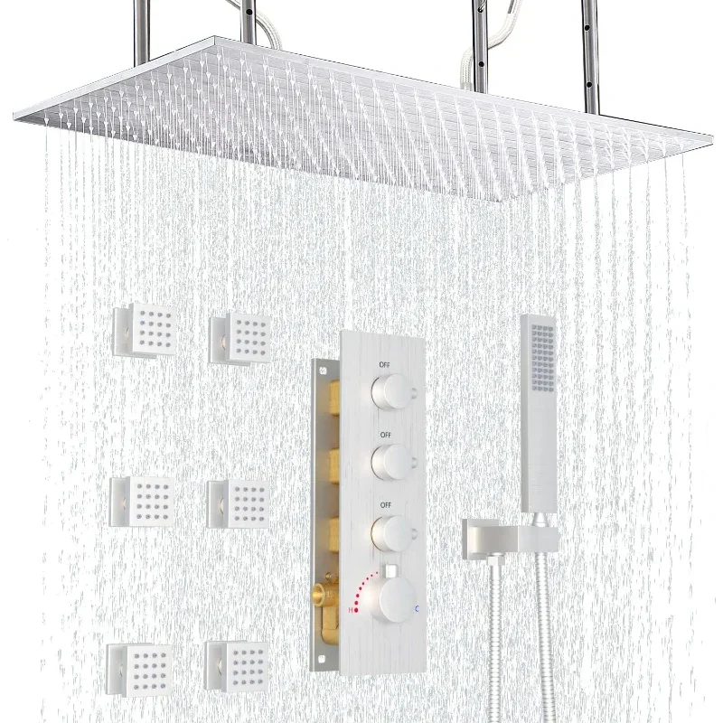 Luxury Ceiling Rain Shower System 16 'Full Body Thermostat  with Nozzle Overhead Shower Head and Handheld Sprayer Kit