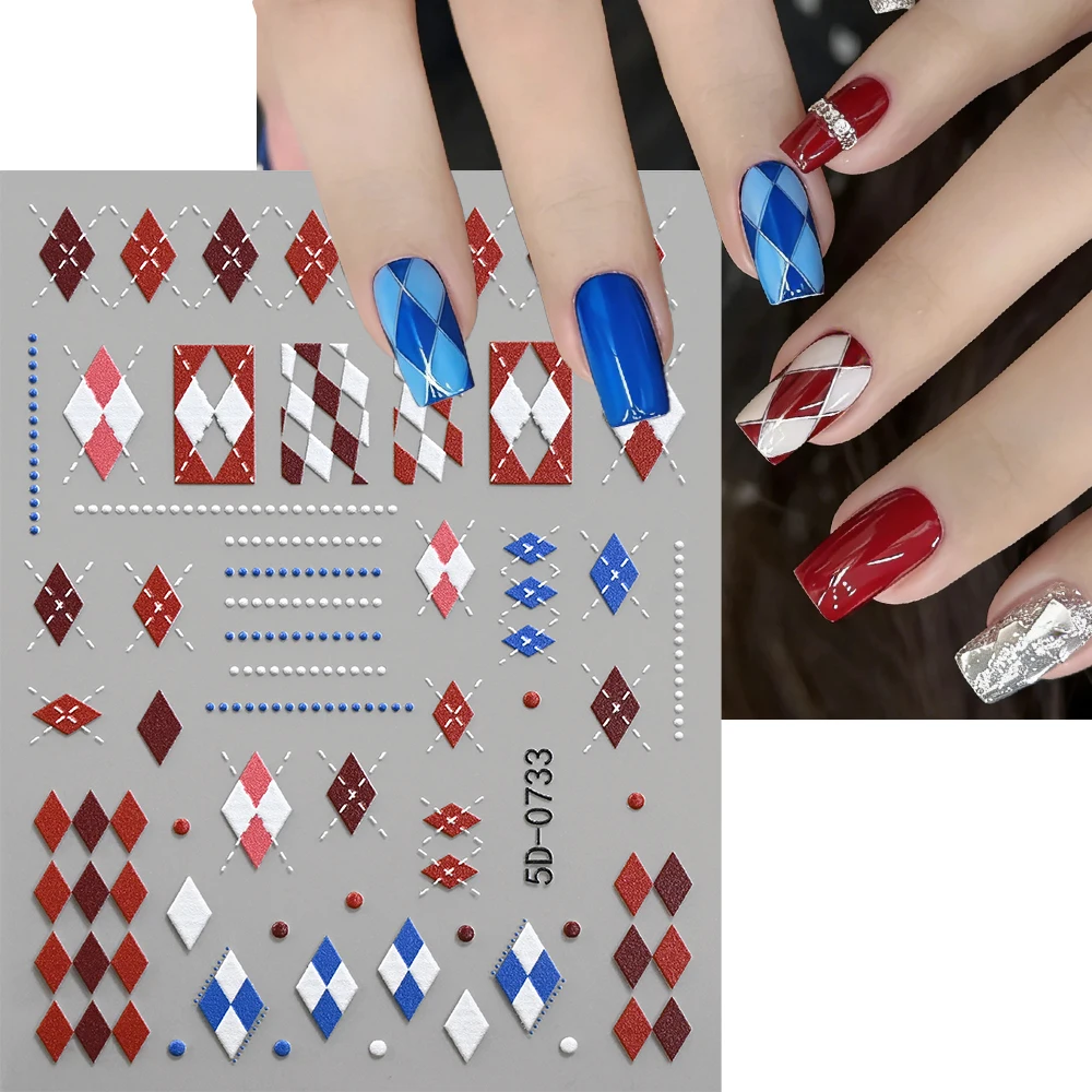 1Pcs Red Blue Checkerboard Pattern Nail Sticker 5D Kawaii Rhombic Plaid Color Blocking Self-adhesive Nail Decals DIY ManicureDec