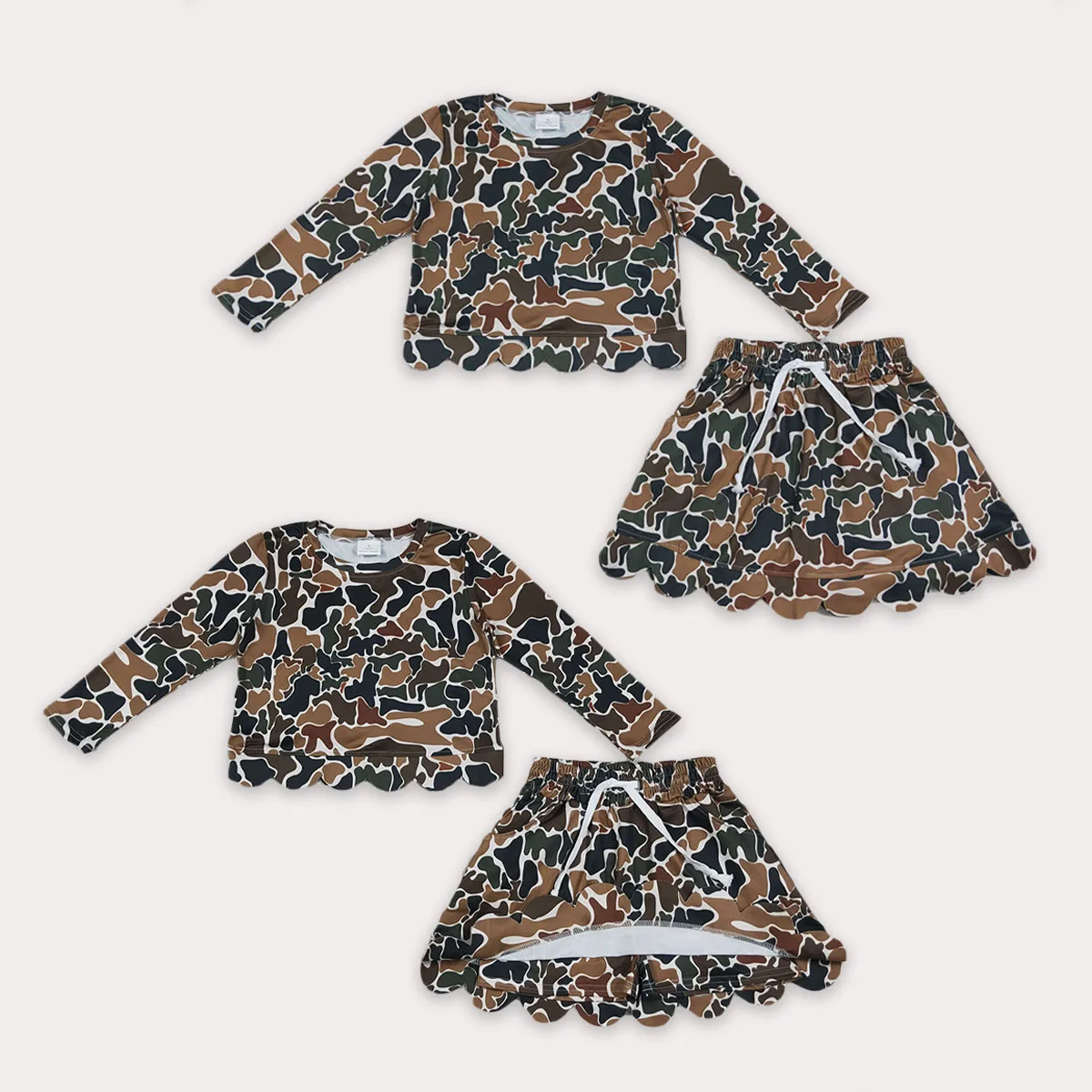 Cute Baby Girl Clothes Dress Long Sleeve Brown Camo Top Skirt Shorts Scallop Set Mother Kids Toddler Children Clothing Wholesale
