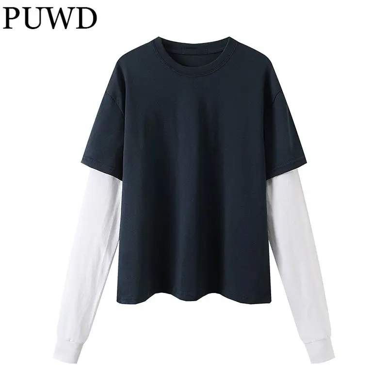 PUWD Women Black White Patchwork T-shirt 2022 Spring Fashion Ladies O Neck Loose Tees Female Solid Cotton Fake Two Piece Tops