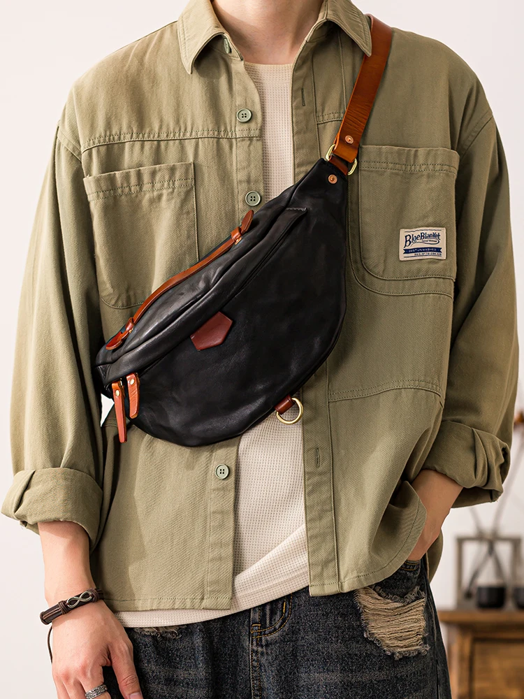 PNDME designers handmade genuine leather men's black chest bag outdoor daily party luxury cow leather sports crossbody bag