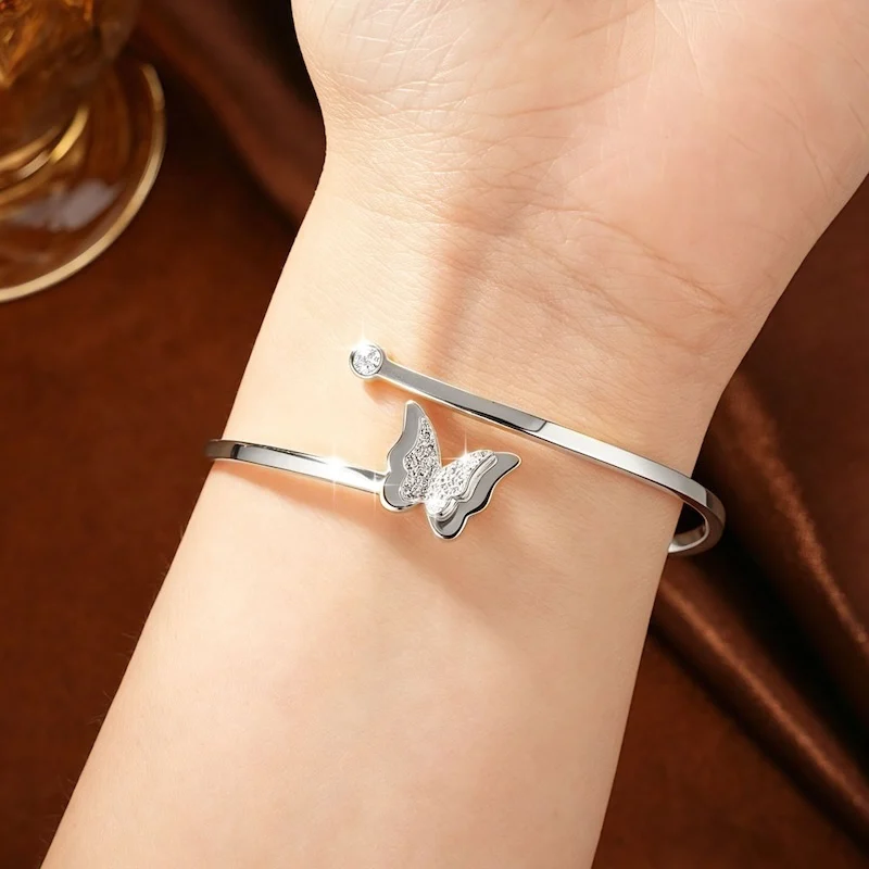 Rrjzz 3mm Moissanite Asymmetrical Stereo Butterfly Spring Clip Open Bangle Inner Diameter 58mm Women Bracelets Jewelry Gifts 6