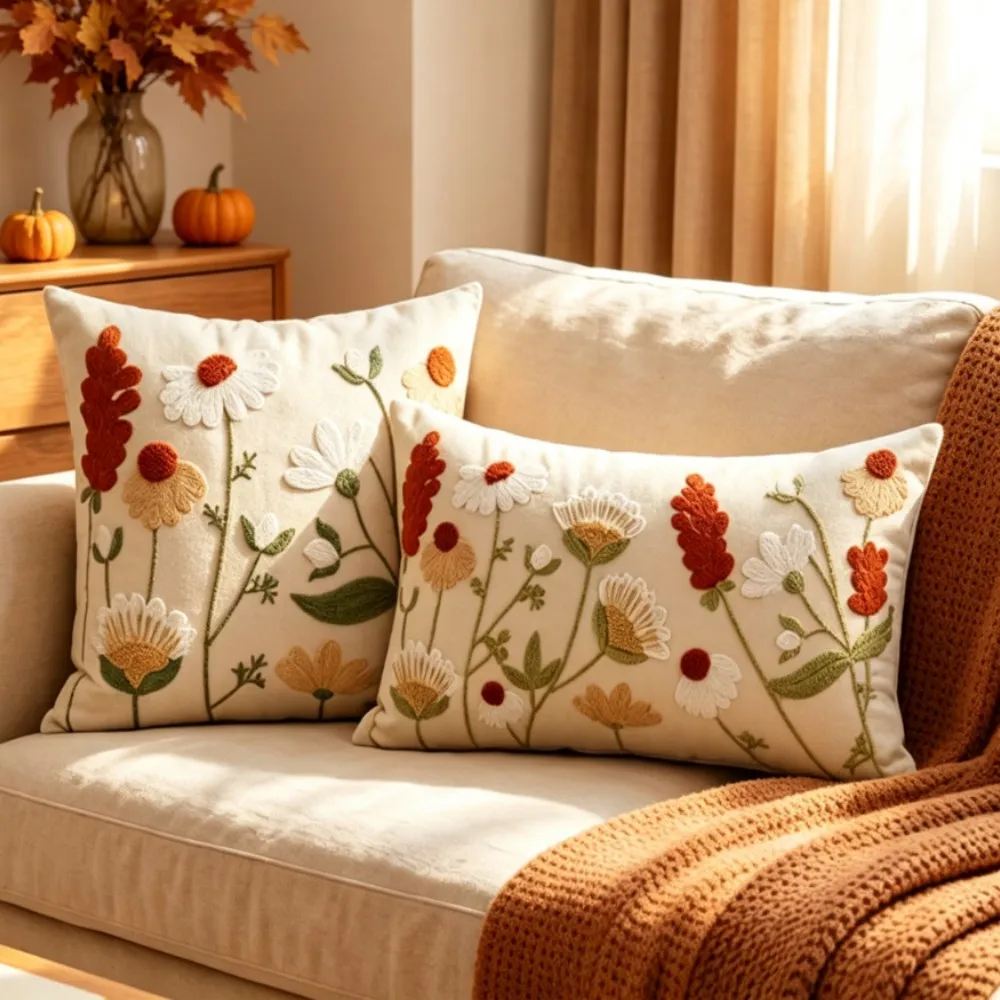 Wildflower Embroidered Decor Autumn Pillow Cover Floral Plant Home Decoration Cushion Case for Living Room 30x50cm 45x45cm