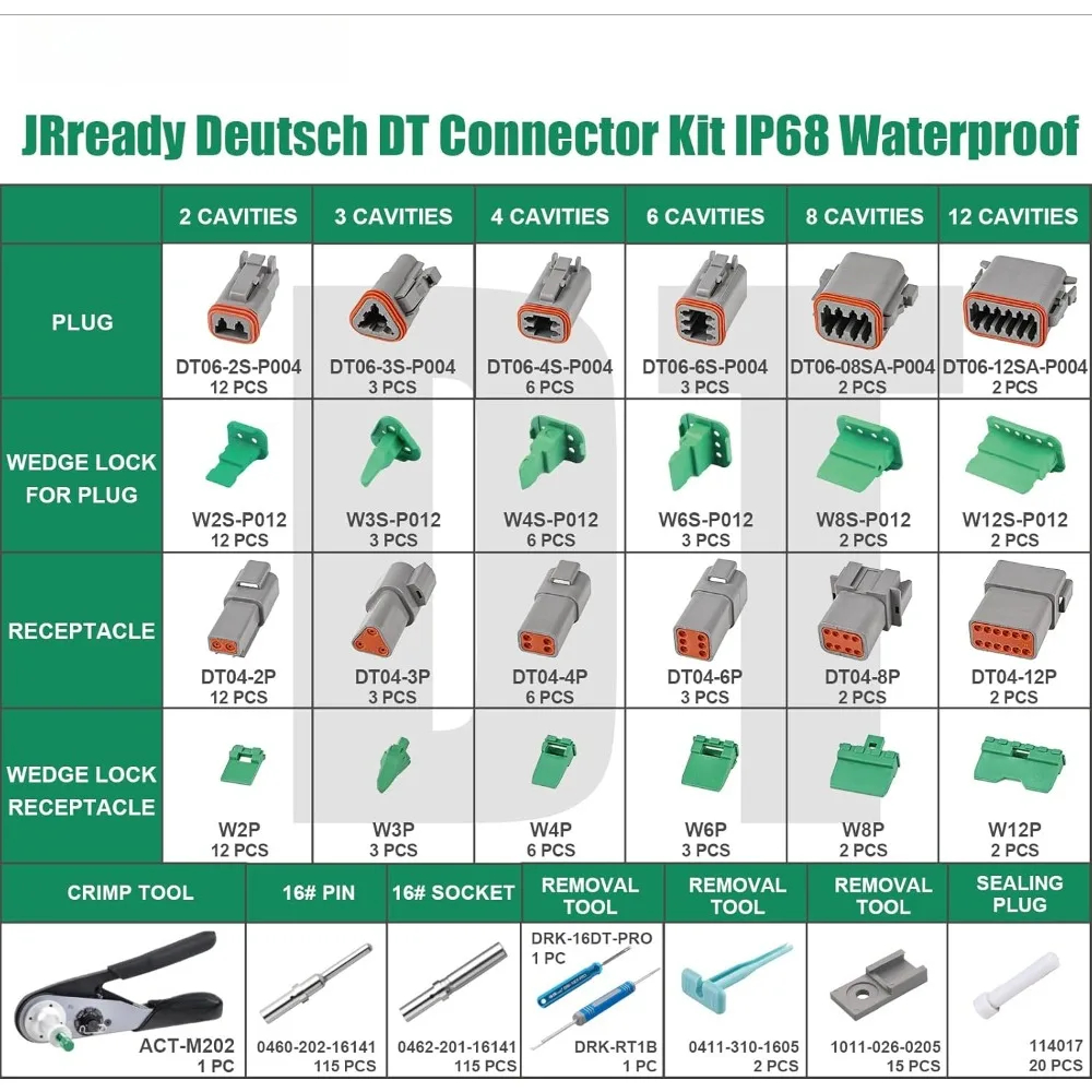 Deutsch Connector Kit, 2 3 4 6 8 12 Pin IP68 Waterproof DT Connectors Kit with ACT-M202 Deutsch Crimp Tool