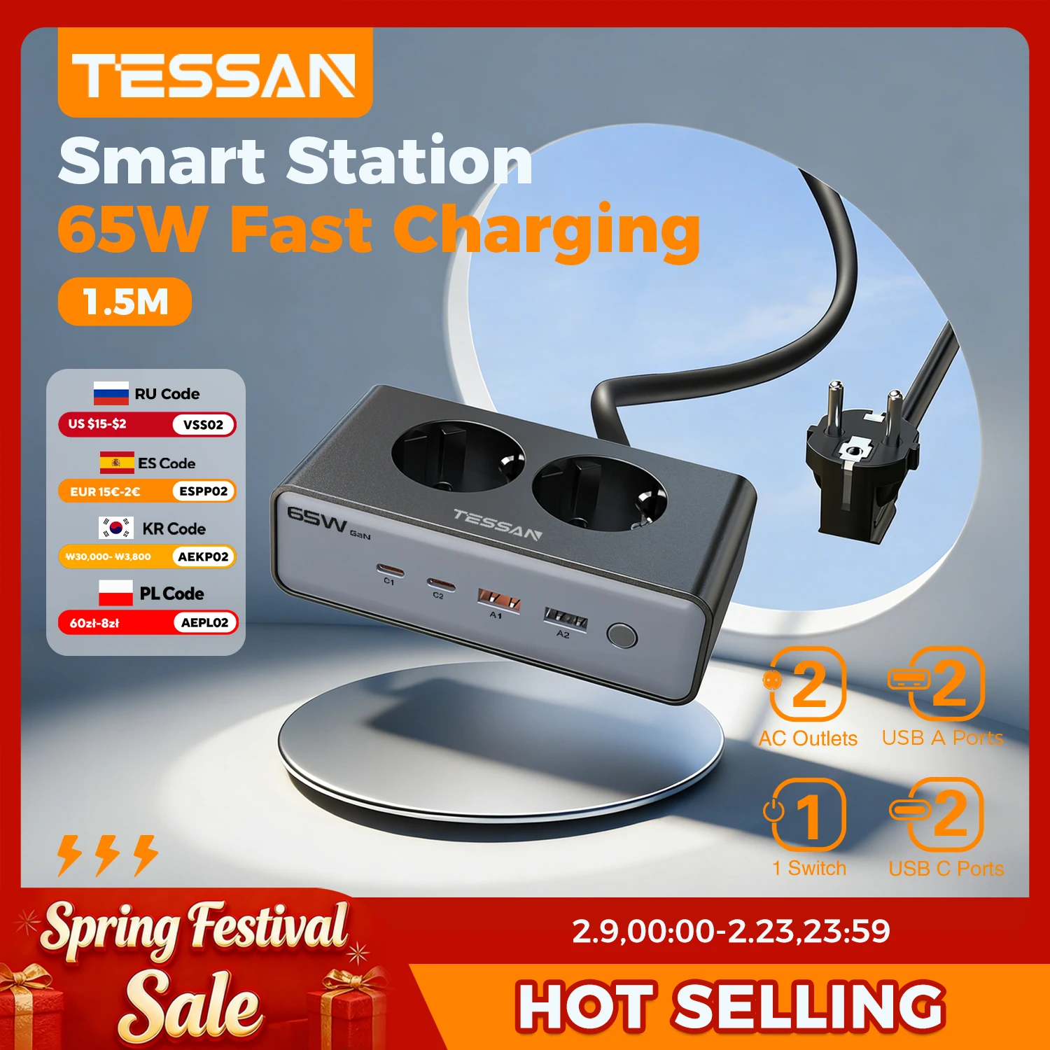 

TESSAN USB C 65W Fast Charging Power Strip with 1.5m Cable 2 AC Outlets 2 USB A 2 Type C Ports Charger Station Surge Protection