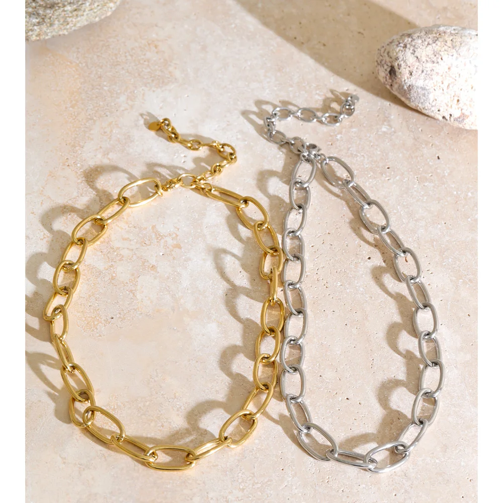 Yhpup Stainless Steel Oval Chain Necklace Waterproof Metal Personalized Collarbone Chain Jewelry PVD Plated