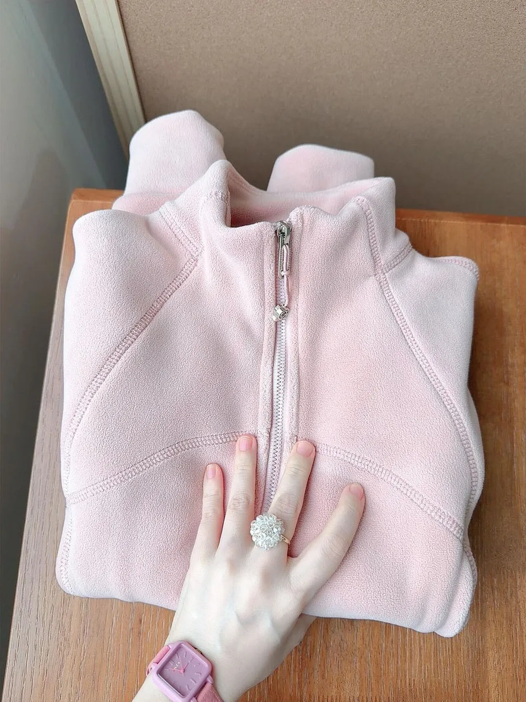 핑크 스탠드 칼라 안감 스웨트셔츠 재킷 여성용 가을 겨울 다운 재킷 이너 웜 탑 윈드브레이커 베이스 셔츠