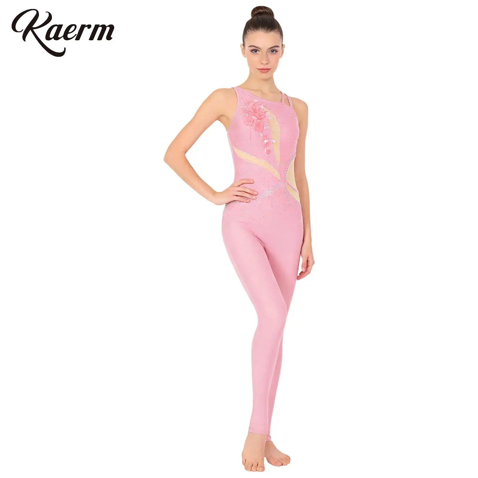 

Women Rhinestone Artistic Gymnastics Bodysuit Unitard Applique Asymmetrical Shoulder Backless Legging Ballet Skating Jumpsuit