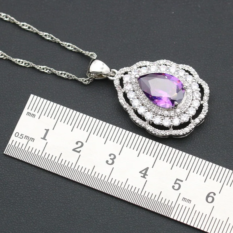 Luxurious Purple Crystal Silver Color Jewelry Sets For Women Earring Bracelet Pendant Necklace Ring Christmas Gift Free Gift Box