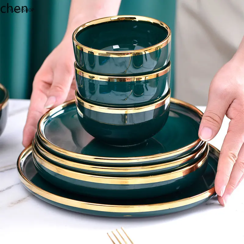 HXL Gold-Edged Green Porcelain Plate Salad Soup Bowl Ceramic Plate and Bowl Dinnerware Set