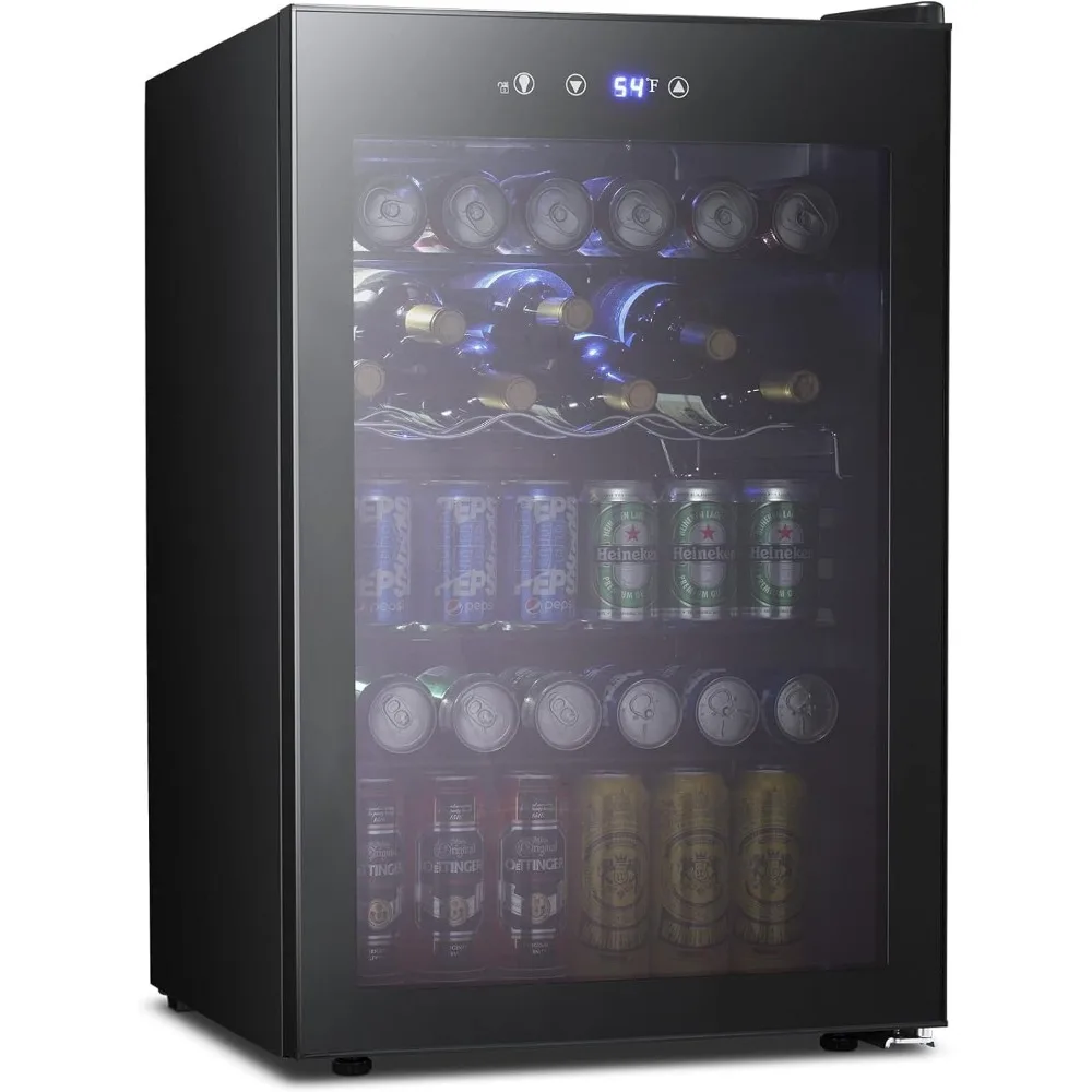 Refrigerador y refrigerador de bebidas de 4,5 pies cúbicos, puerta de cristal para mini frigorífico de 145 latas, pantalla digital de temperatura para refrescos, cervezas o vino