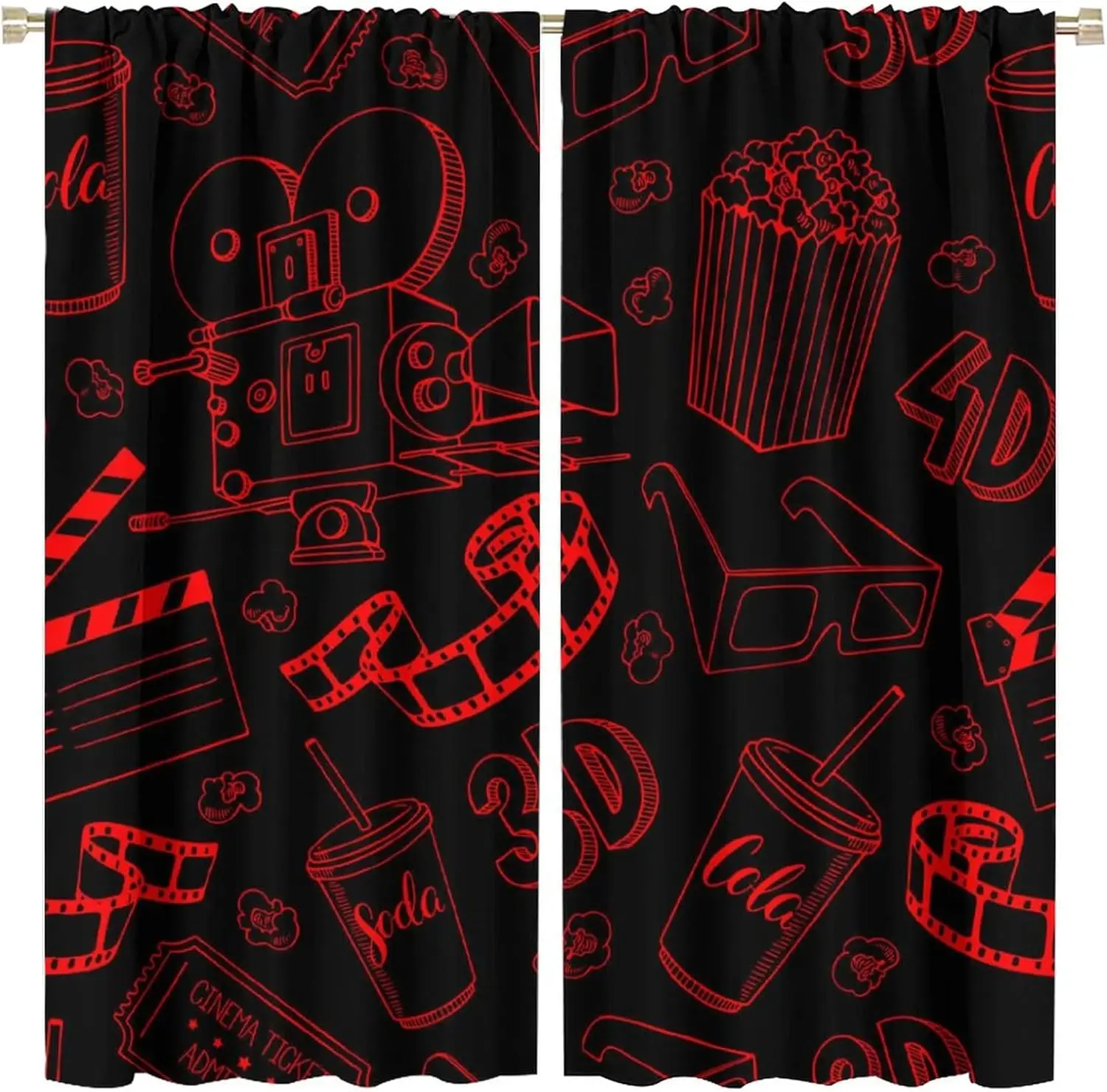 

Арт-принт: Киношармы, винтажная видеокамера, очки для просмотра фильмов, кинобокс, билеты, попкорн, напитки, черно-красный дизайн