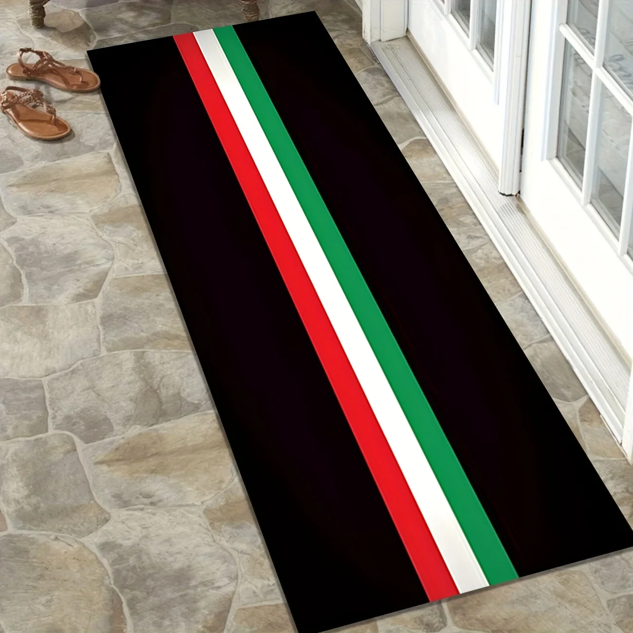 Arab Color Striped Long Runner Rug, Non‑Slip Flannel Floor Mat, Red White Green Stripe Decorative Carpet, Area Rug For Hallway B