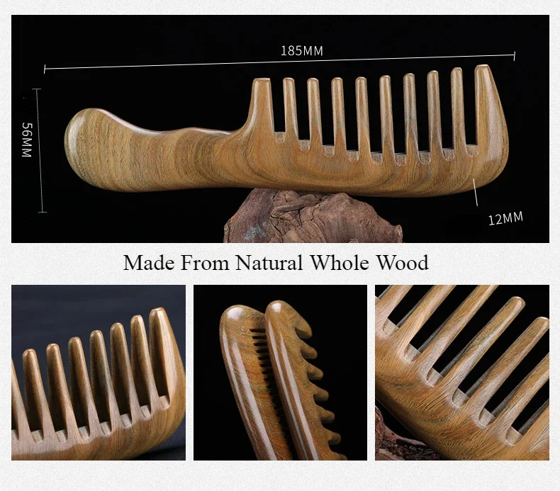 19cm Natural Green Sandalwood Comb Long Handle Electrostatic Wooden Comb for Curly & Straight Hair Anti-static Hairdressing Tool