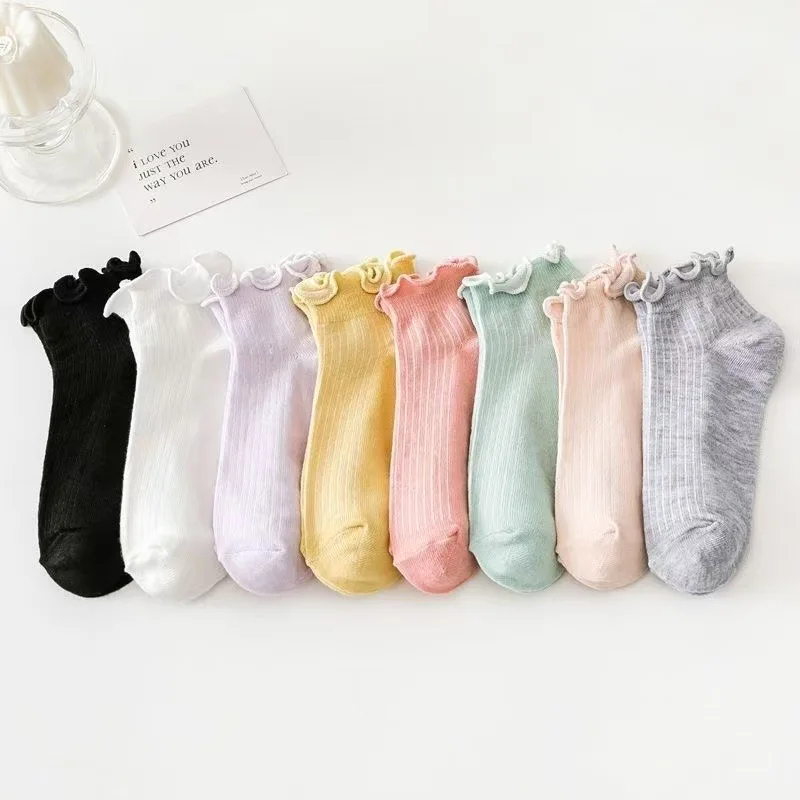 8 Pairs Spring Summer New Item Solid Color Fungus Edge Women's Short Socks Casual Versatile Short Tube Transparent Women's Socks