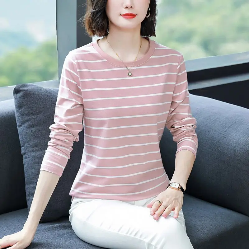 Fashion O-Neck All-match Long Sleeve Striped T-Shirts Women's Clothing 2024 Autumn New Loose Commuter Tops Casual Tee Shirts