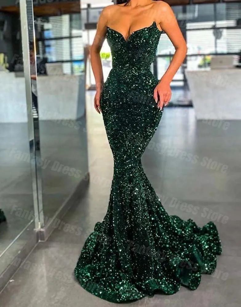 Sexy Sweetheart Dark Green Sequin Mermaid Formal Evening Dresses Ruffled Edge Sweetheart Slim Fit Party Prom Dress Custom Made