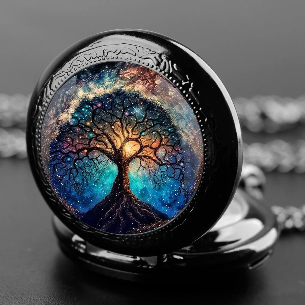 Tree of Life Design Glass Dome Pocket Watch with Chain Necklace Vintage Quartz Pendant Watches Mens Women Gifts for Kids