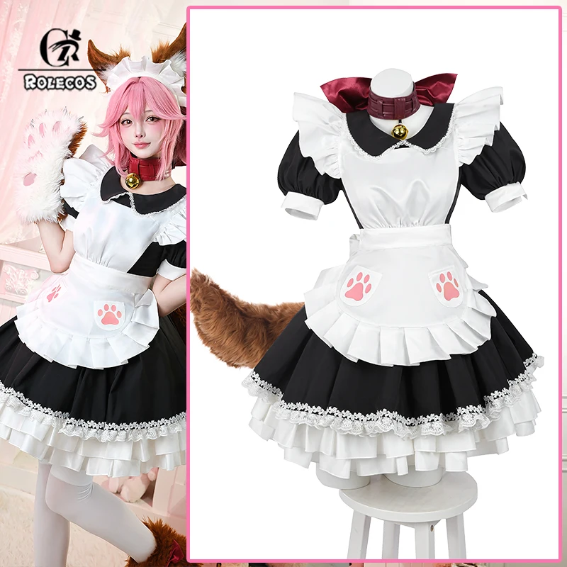 

ROLECOS Game FGO Tamamo Cat Cosplay Costume Black White Women Maid Uniform Halloween Carnival Party Suit with Tails Cat Claw Set