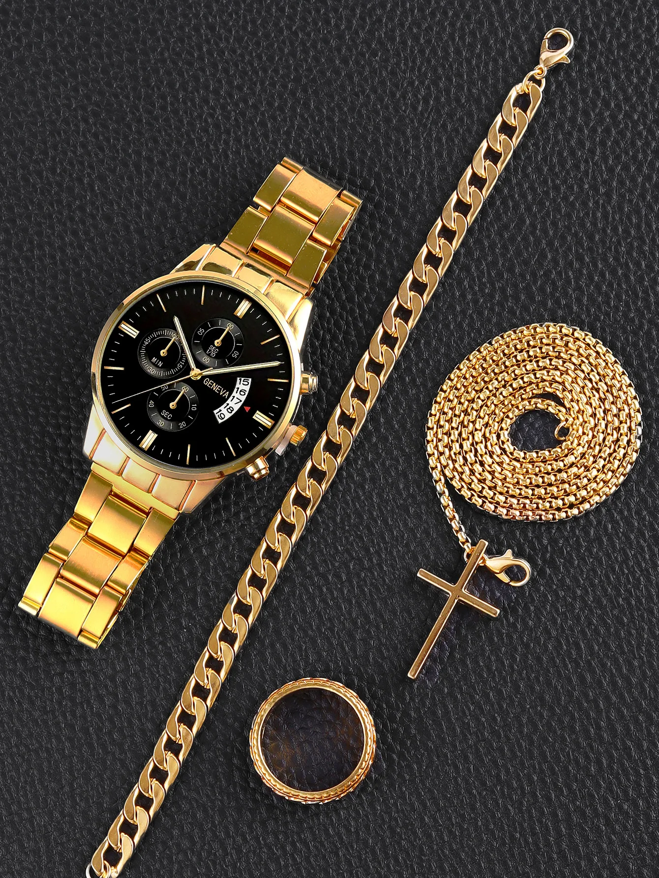 Модные мужские кварцевые часы с ремешком и календарем с браслетом и ожерельем кольцо в комплекте вечерние gift