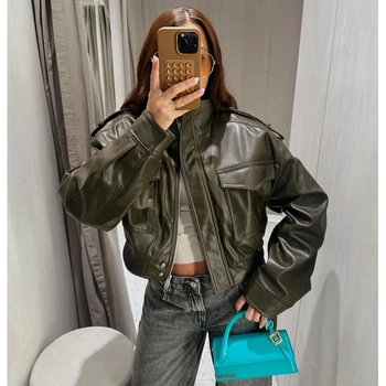 Women's Faux Leather Bomber Jacket 6 MUJER Faux Leather Cropped Jacket Women Bomber Demi-season Jackets for Women Long Sleeve Women's Coats Zip Overcoat Jacket Women 6