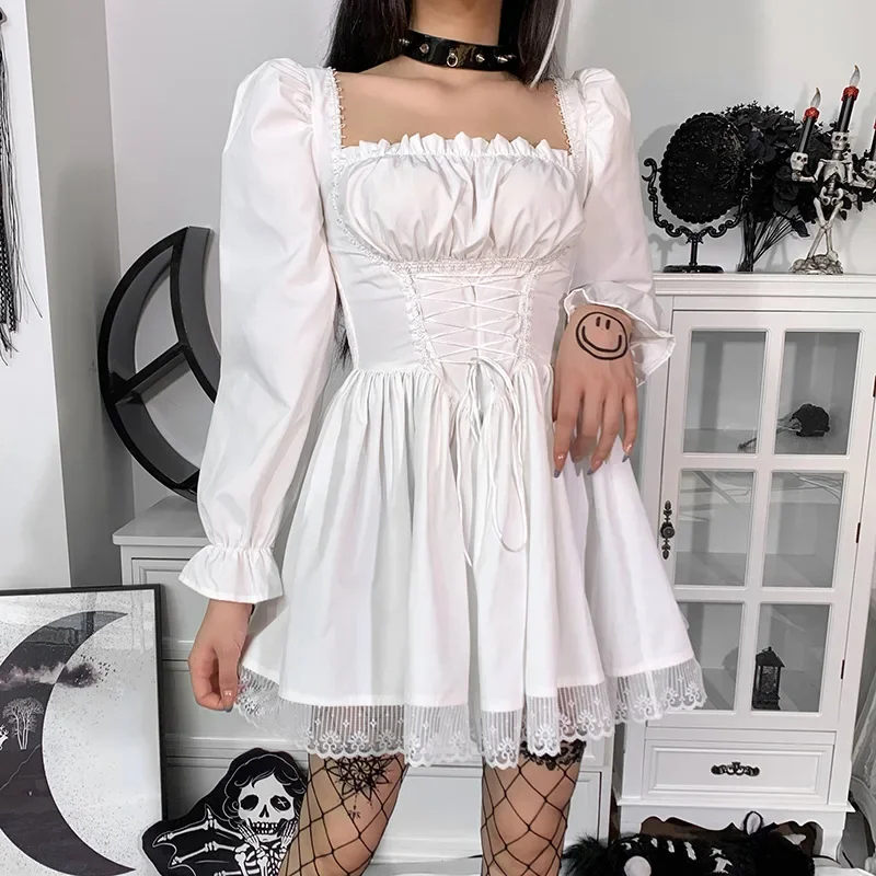 Robe de Princesse Lolita en Dentelle Noire et Blanche pour Femme et Fille, Tenue Médiévale Européenne, Manches Bouffantes, Bandage Court, Costume de Cosplay, Tea Party