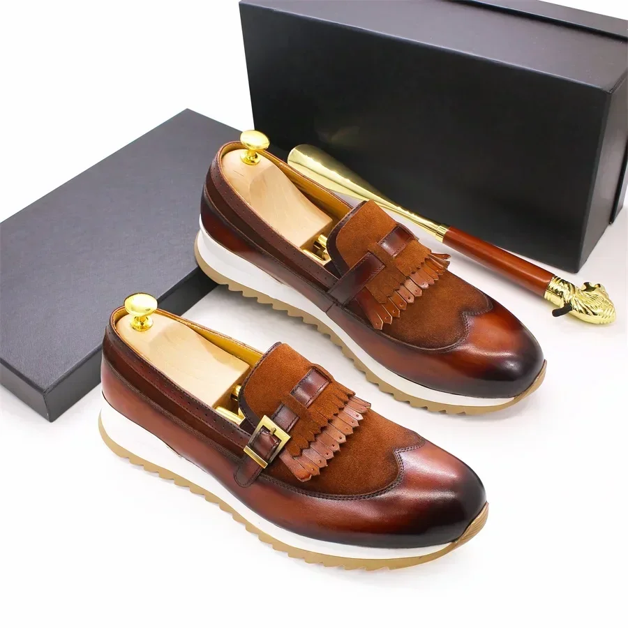 أحذية رسمية كاجوال للرجال من الجلد الفاخر، مريحة مصنوعة يدويًا مع أزرار معدنية مناسبة للتاريخ والحفلات