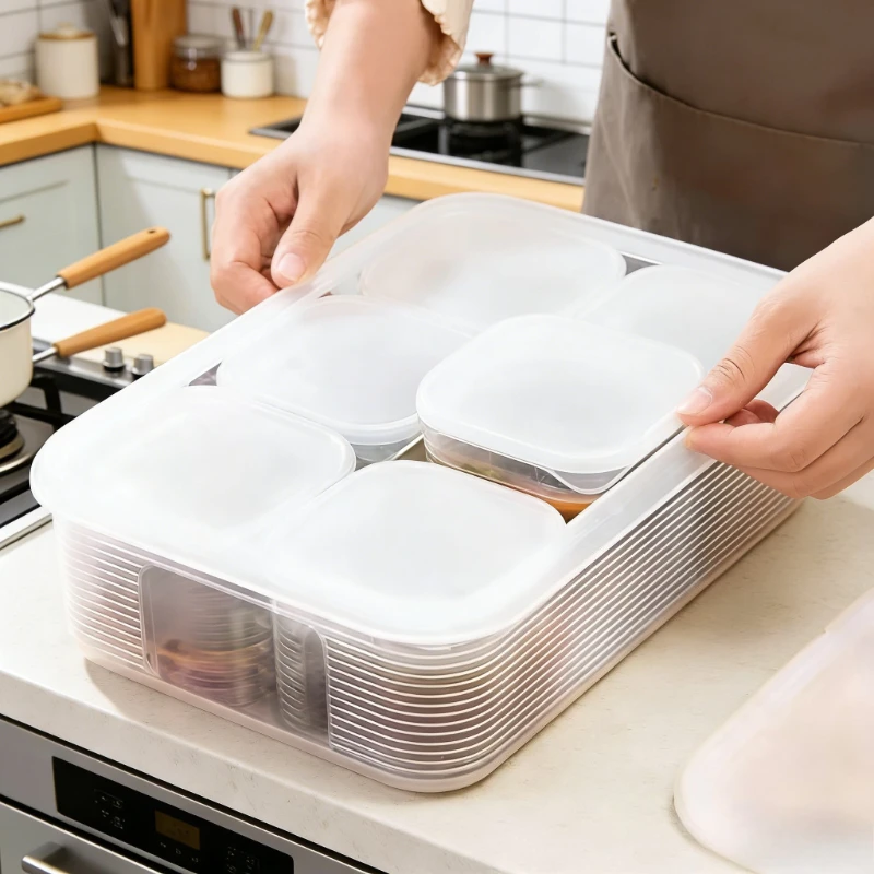 Caixa Organizadora de Alimentos para Geladeira com 6 Compartimentos e Tampa, Recipiente Multifuncional para Conservação de Frutas e Temperos, Organizador de Cozinha
