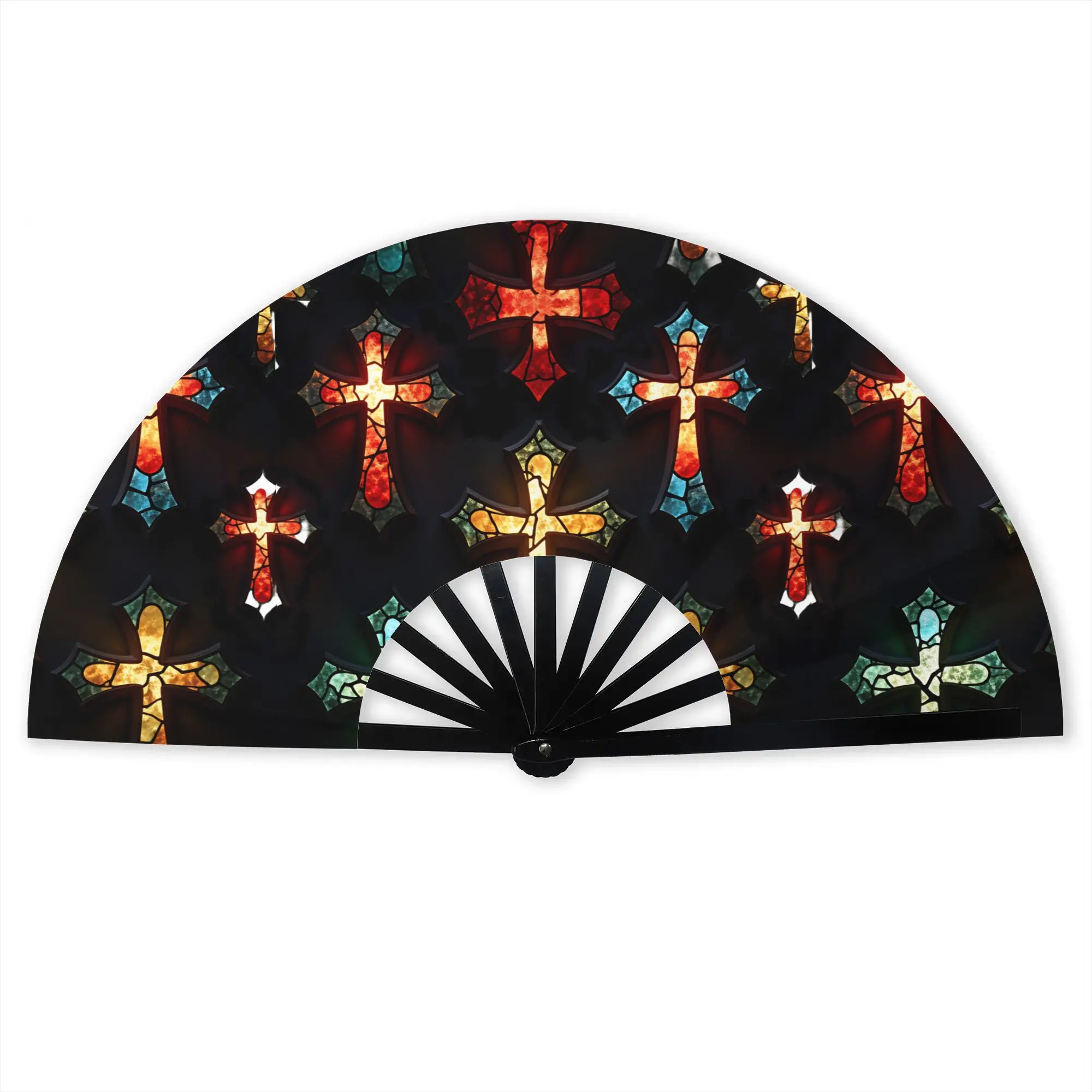 Christian Faith Jesus  Christ Religion  Hand Fan Gift Party Radiant Stained Glass Crosses  Durable Folding Fans Bulk Pack Fan