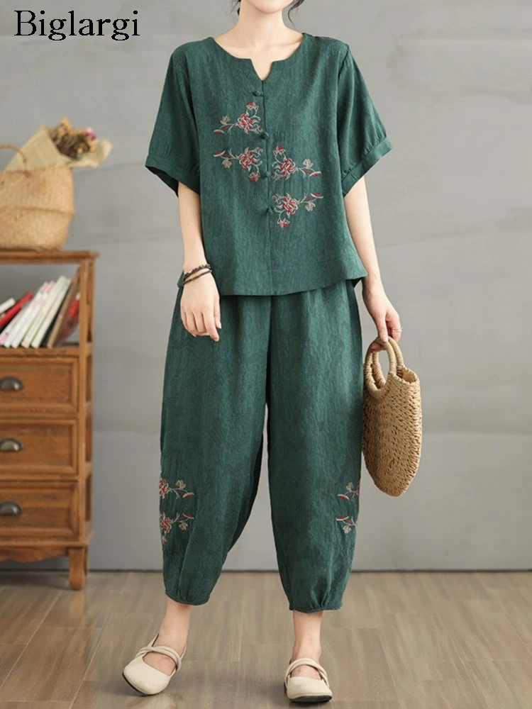 

Негабаритный комплект из двух предметов в китайском стиле с летней цветочной вышивкой, женская футболка Modis, свободные женские брюки