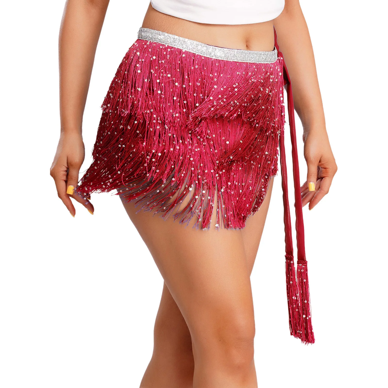 Women Belly Latin Cha-cha Jazz Dance Hip Scarf Waist Chain Sequin Tiered Tassel Lace-up Waist Skirt Hip Wrap Dancing Skirts