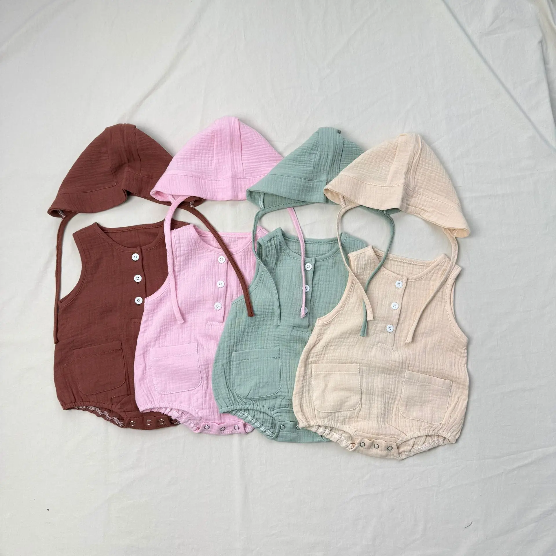 

2025 Summer New Baby Sleeveless Bodysuit + Hat Newborn Cotton Linen Jumpsuit Solid Cute Toddler Infant Boy Girl Clothes 0-24M