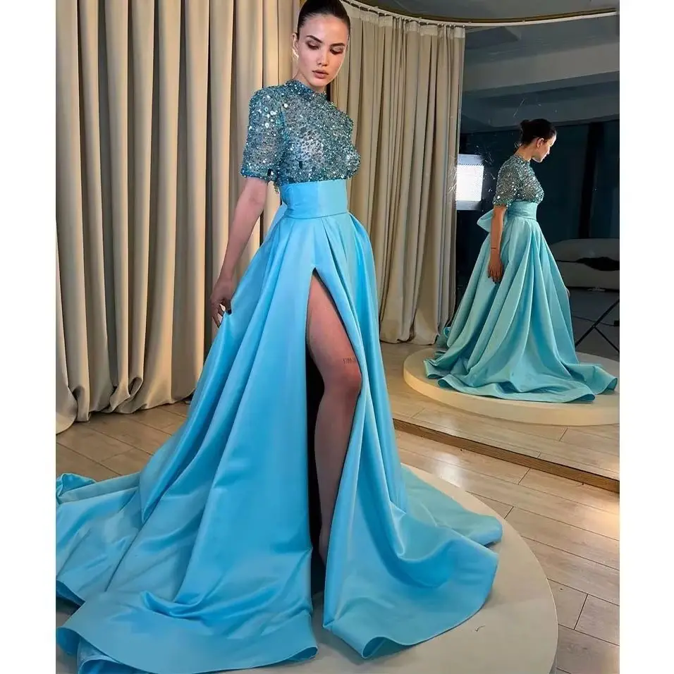

Simple Sky Blue Long Prom Maxi Skirts High Split Sweep Train Formal Party Skirt Pleated Satin Women's Skirt Any Colors