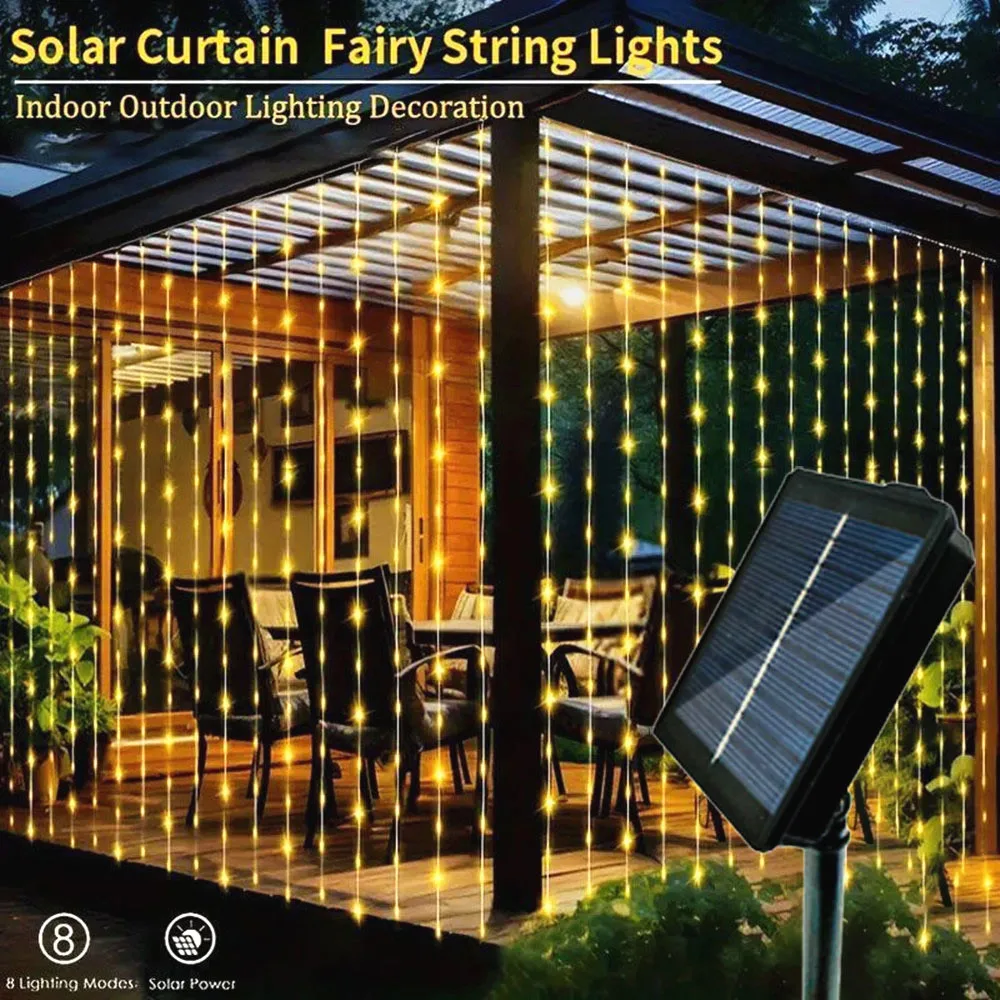 Solar Powered LED Curtain String Lights 8 Modes Perfect for Party Wedding and Garden Decorations Outdoor Christmas Solar Lamp