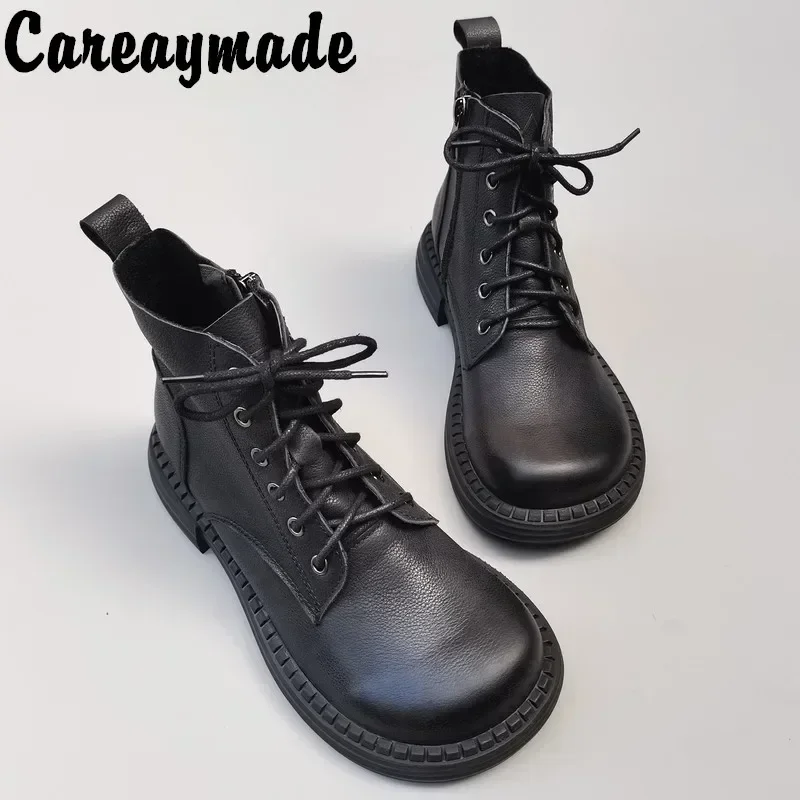 Botas curtas de couro real femininas, botas de couro genuíno, couro genuíno, versão grande, larga, casual, feito à mão, sapatos simples, botas de lã