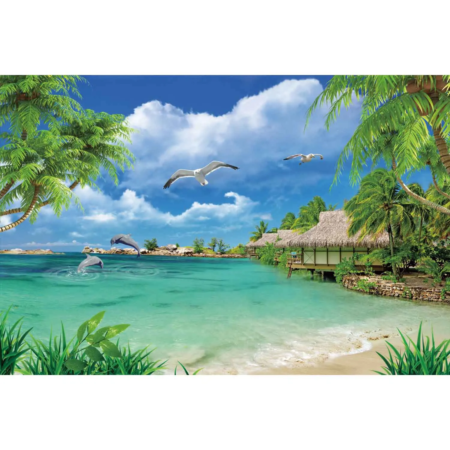 Blue Ocean Beach Backdrop Tropical Summer Photography Background Sunset Seaside Palm Tree Wave Sand Photobooth Photozone Props