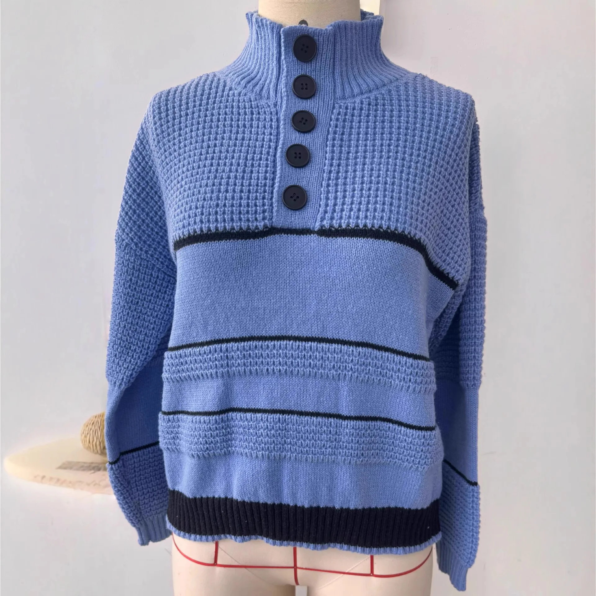 Women's Half Cardigan Contrast Casual Polo Pullover Sweater