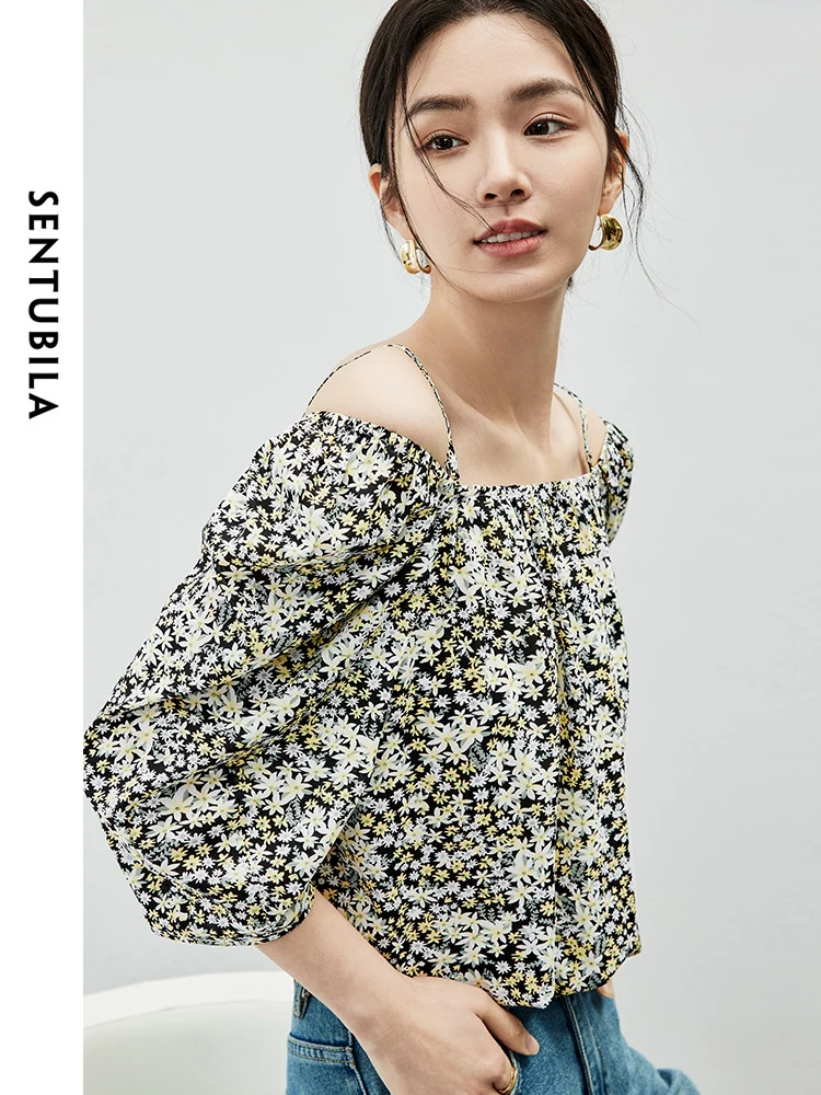 

SENTUBILA Cropped Floral Chiffon Shirt 2024 Summer Simple Printed Pullovers Slash Neck Short Sleeve Womens Blouses 142V55005